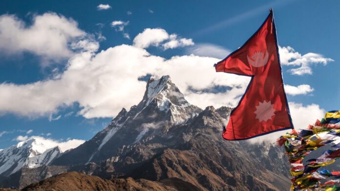 Nepal flag in the Himalayas