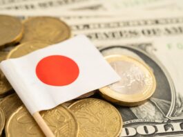 Japan flag with cons and dollar bills